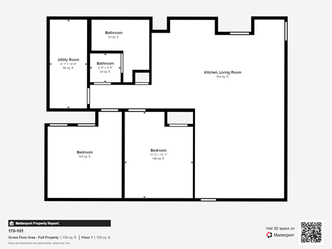 A floor plan of a property with a kitchen, living room, two bathrooms, and two bedrooms.